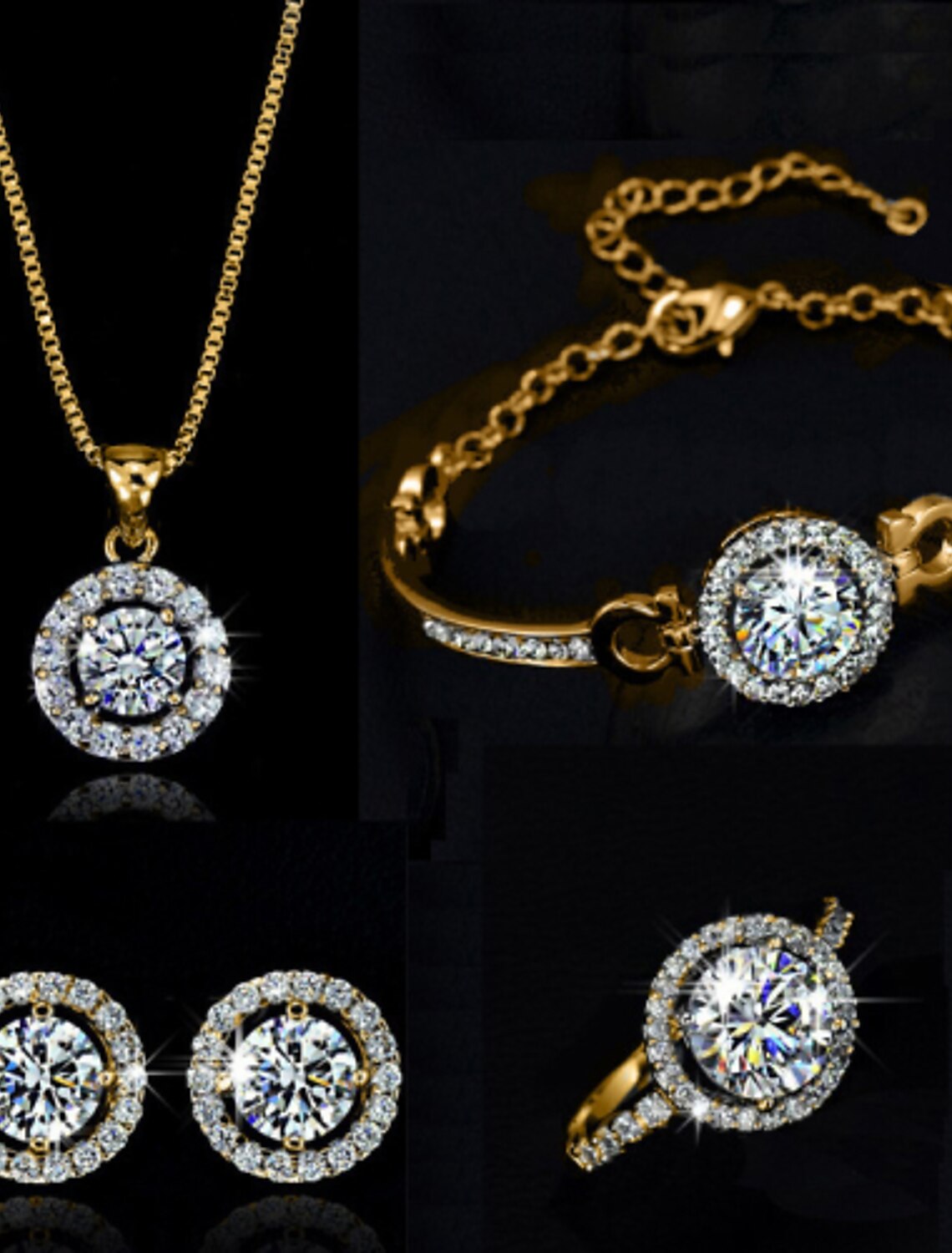 Women's Moissanite and Cubic Zirconia jewelry set with necklace, earrings, bracelet, and ring.