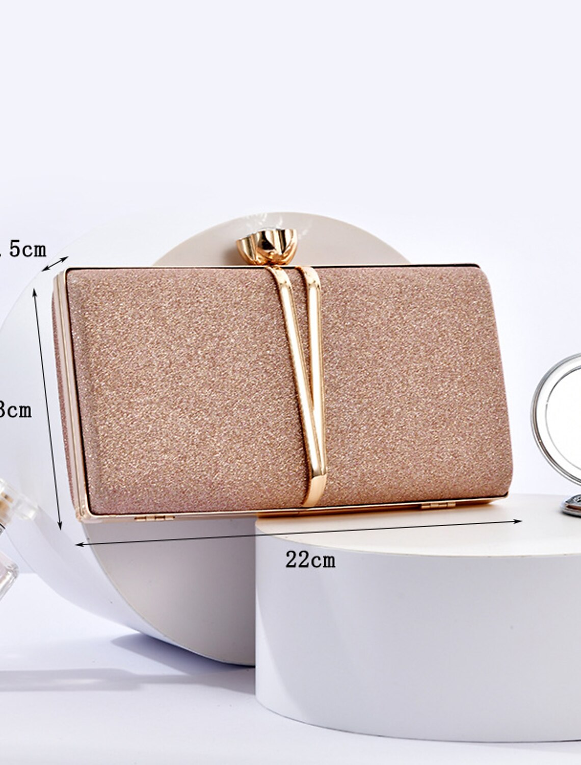 Side view of the large capacity rhinestone clutch.