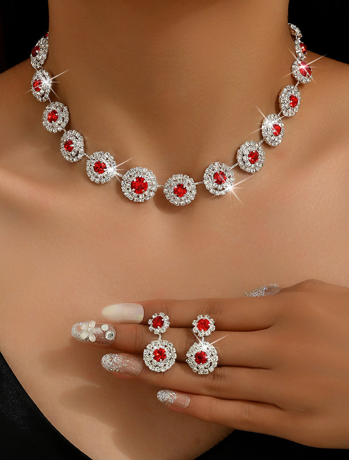 Detailed view of rhinestone and alloy geometric jewelry.