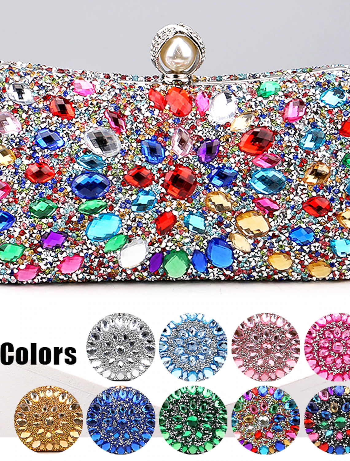 Women's rhinestone and pearl evening clutch bag with a chain strap.