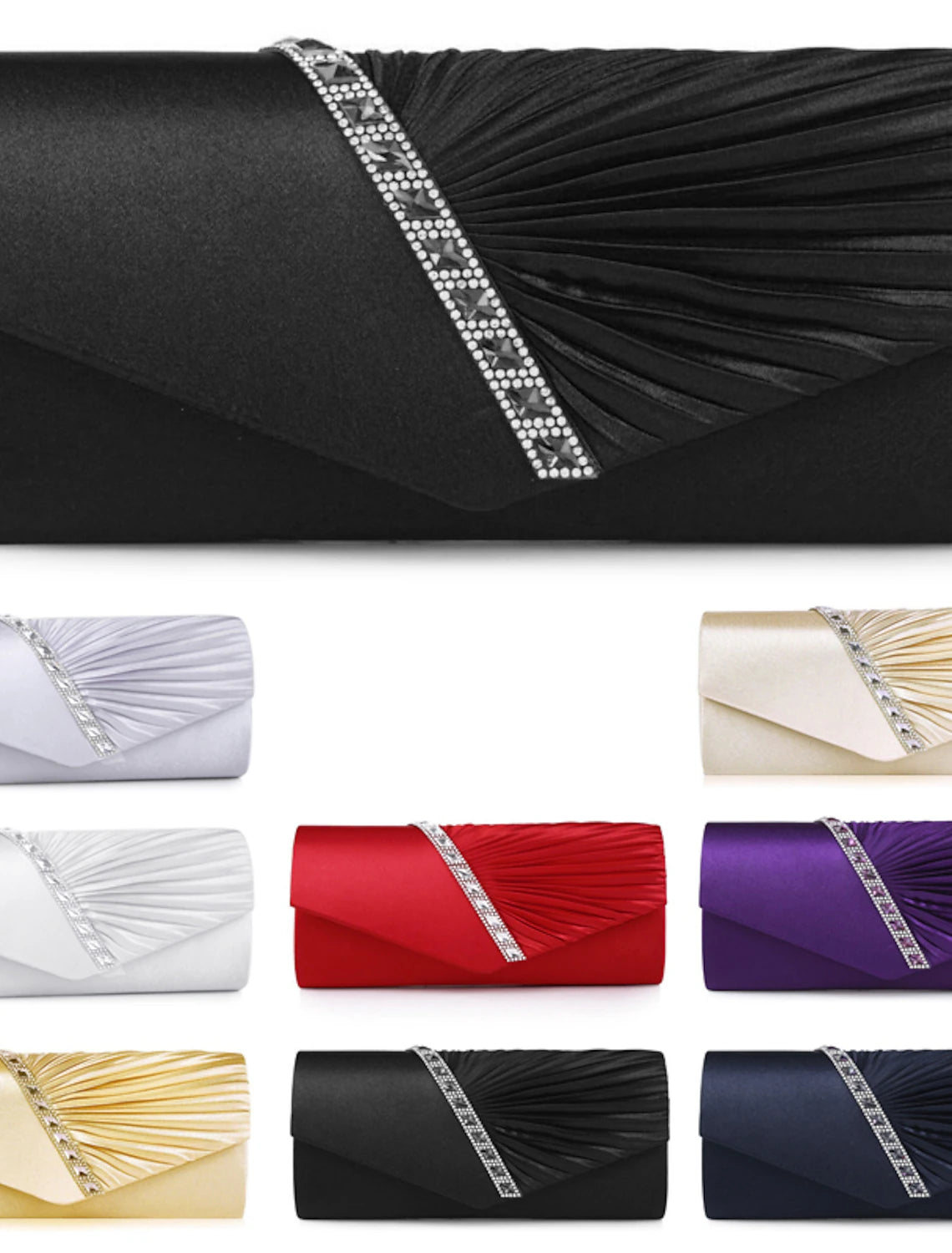 Women's elegant satin clutch bag with button closure.