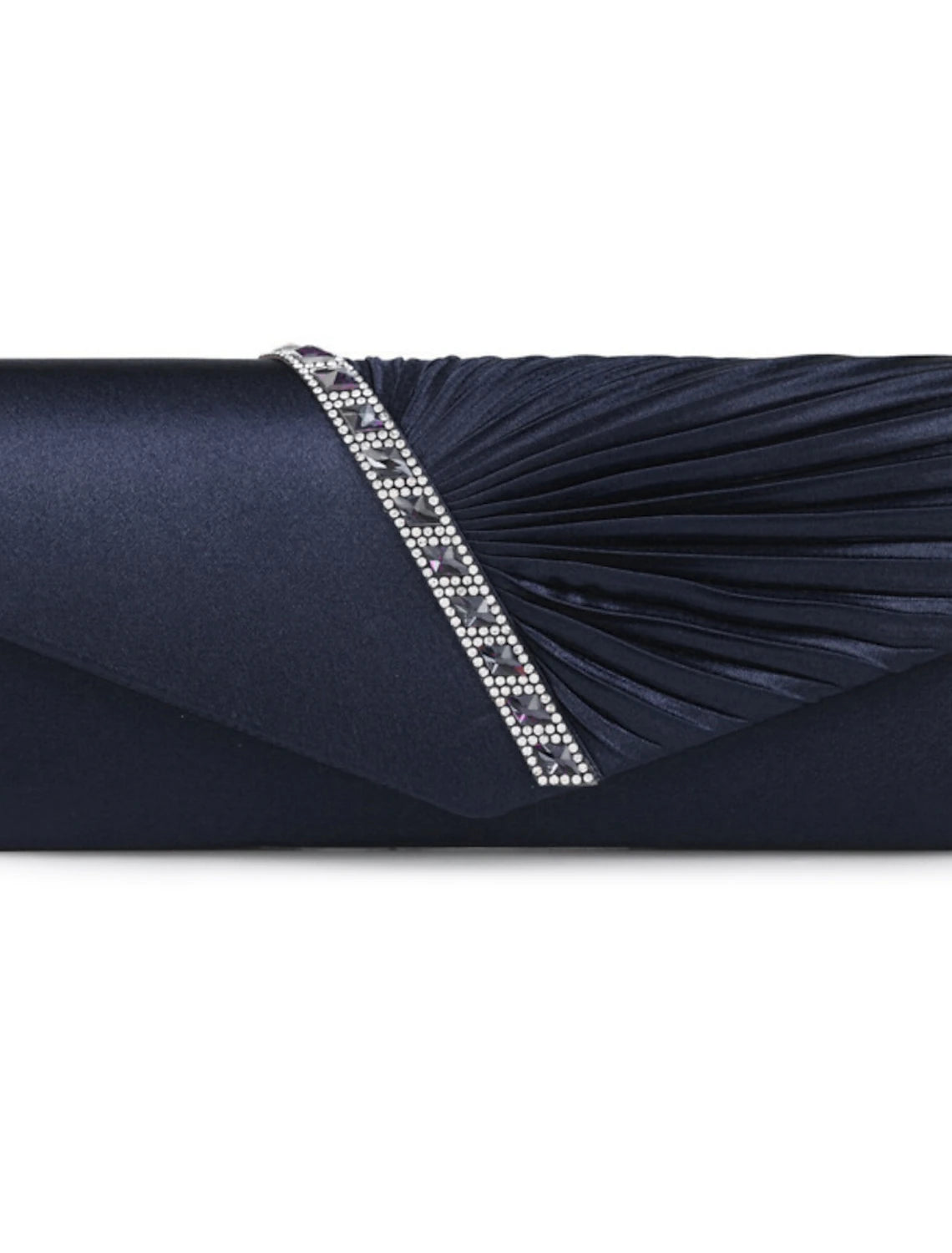 Side profile of a women's satin clutch purse.