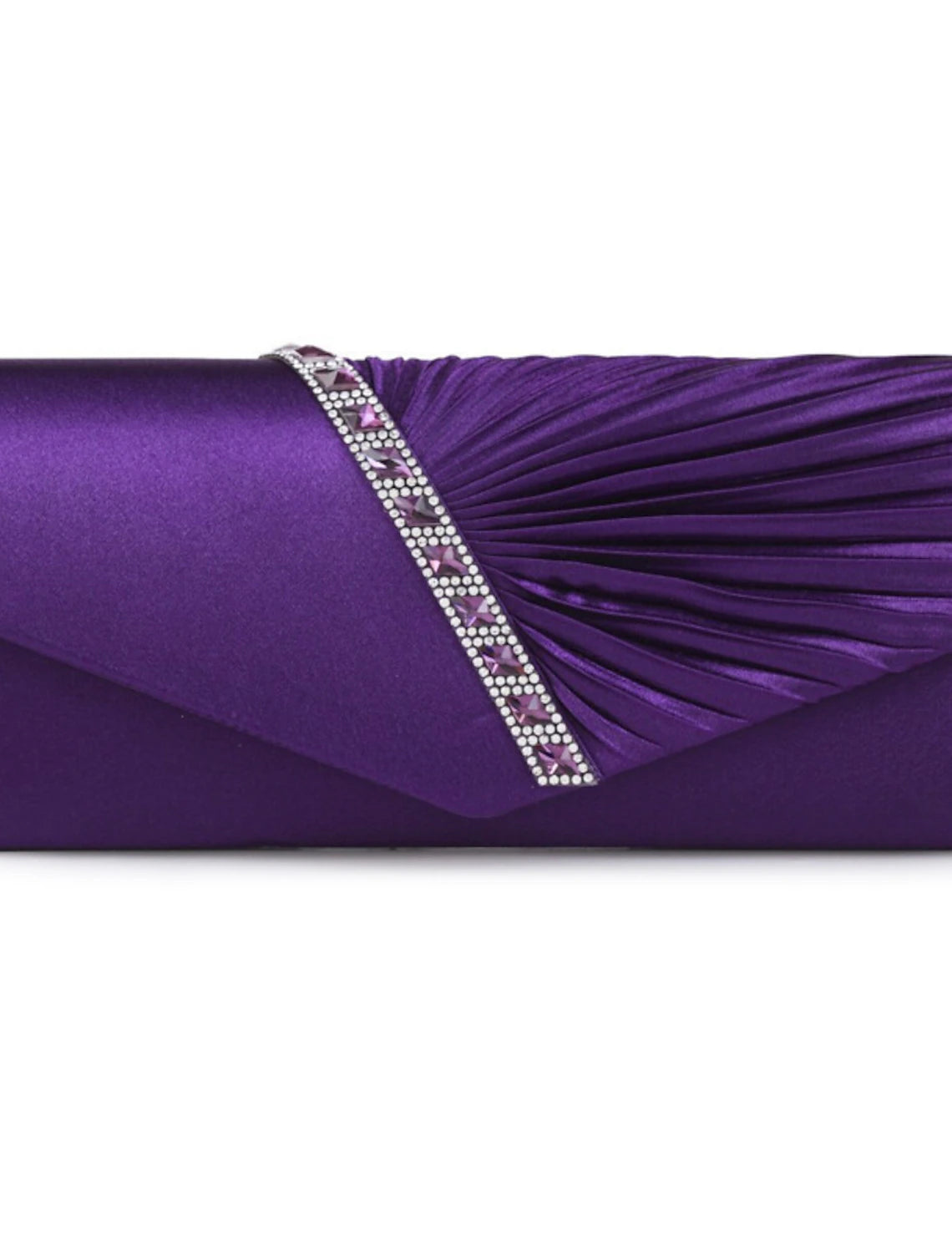 Satin clutch bag displayed on a surface.