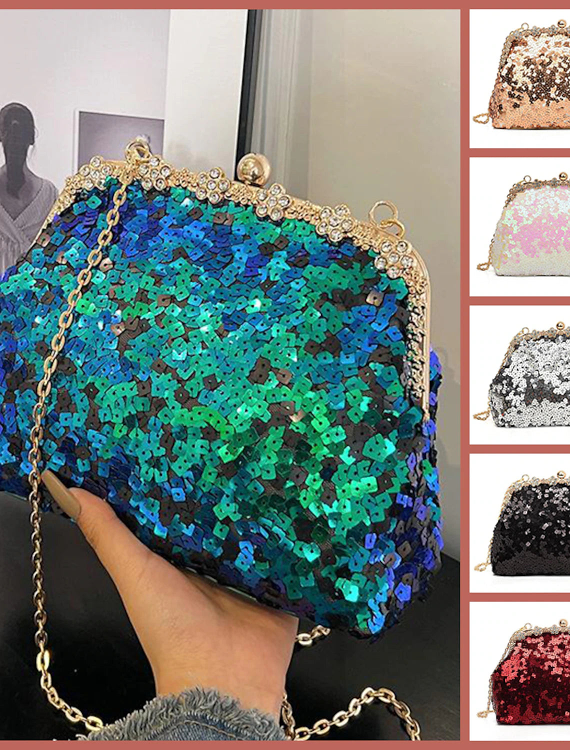 Women's sequin clutch bag with chain strap.