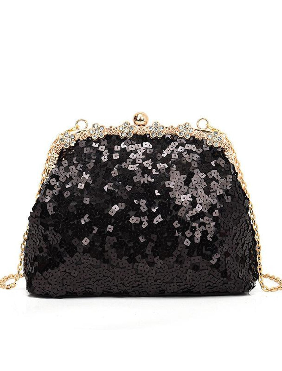 Women's sequin clutch bag with chain strap.