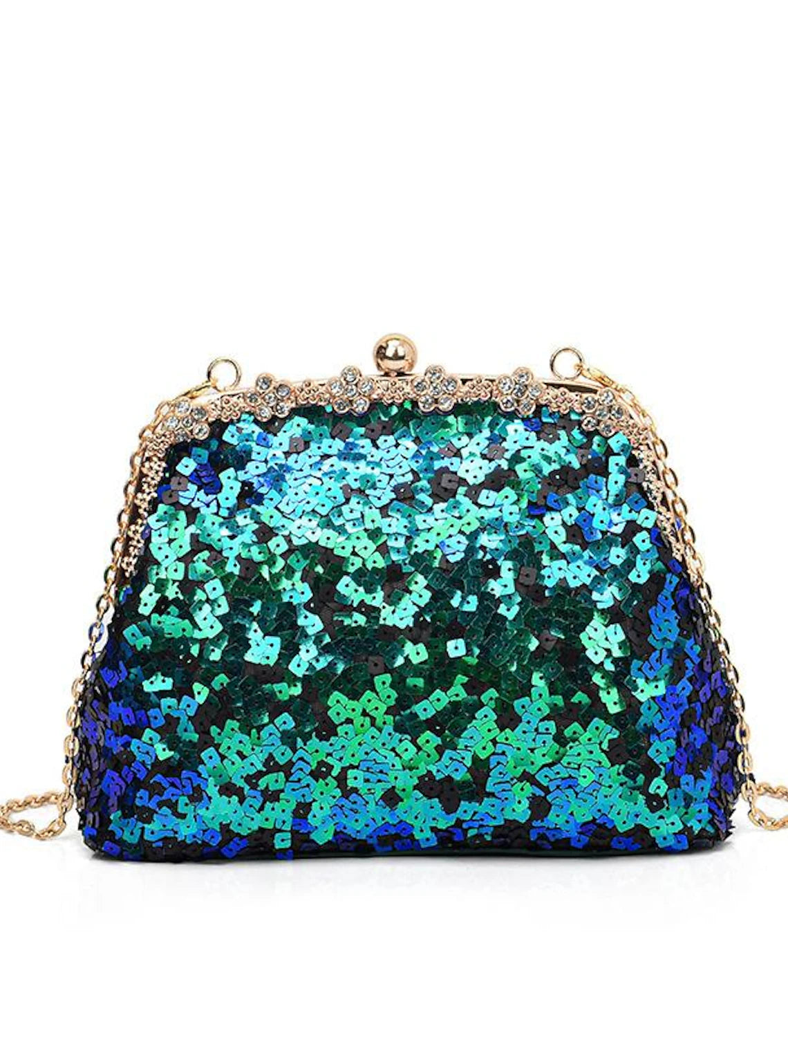 Women's sequin clutch bag with chain strap.