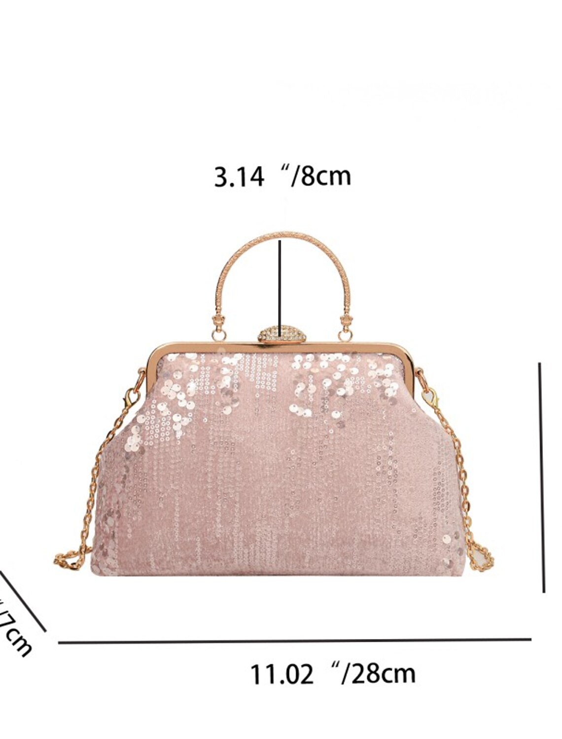 Sequin geometric dome clutch bag, angled view.