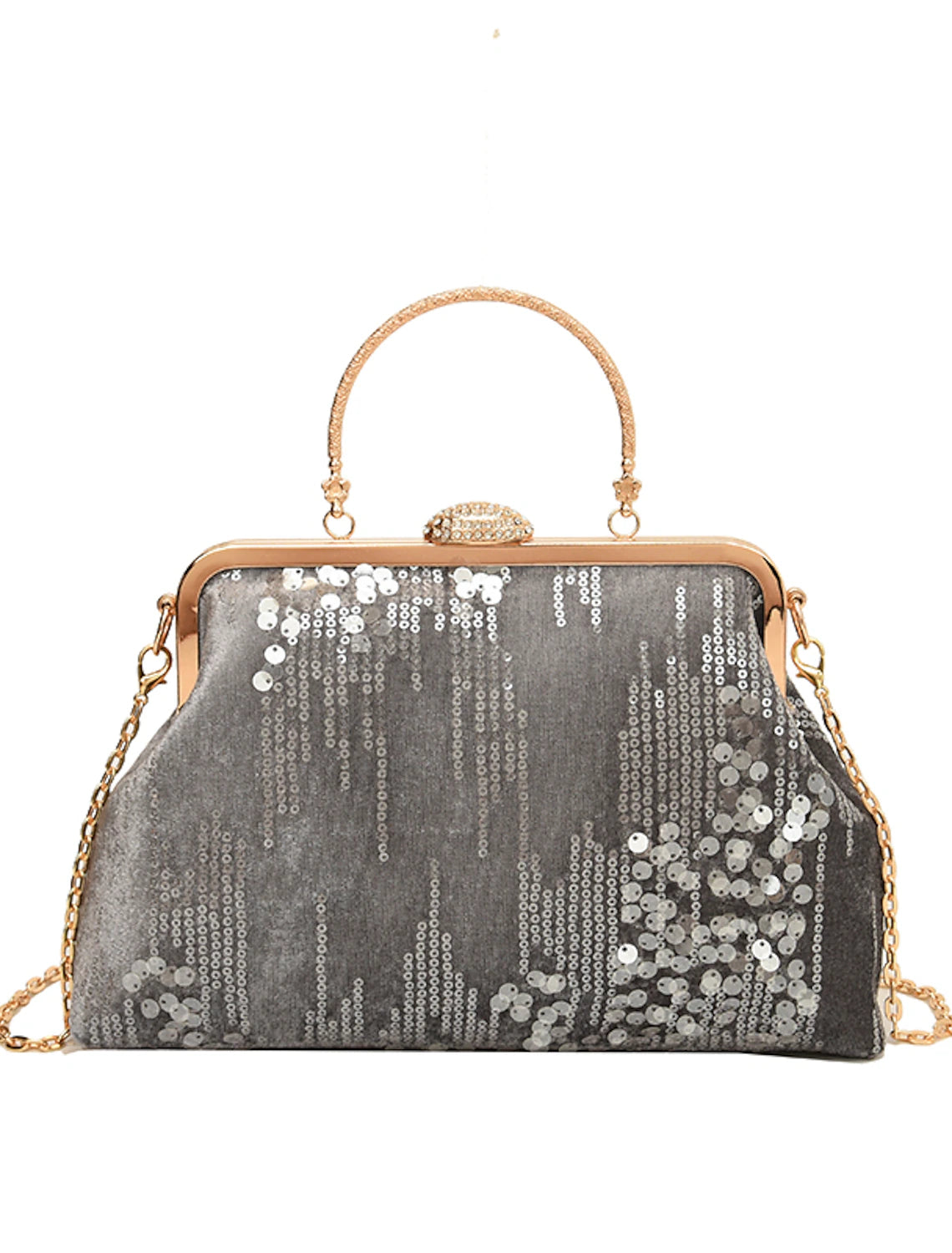 Sequin geometric dome clutch bag, interior with essentials.
