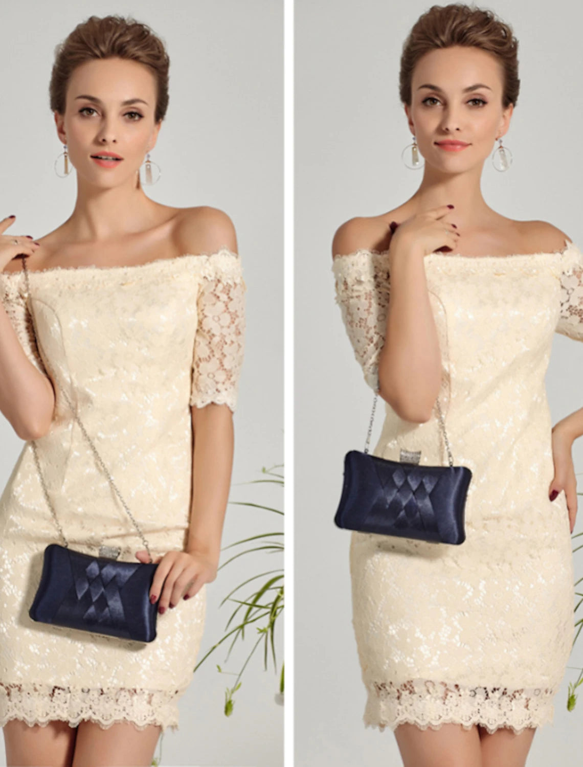 Close-up of silk evening clutch bag with elegant tassel detail.