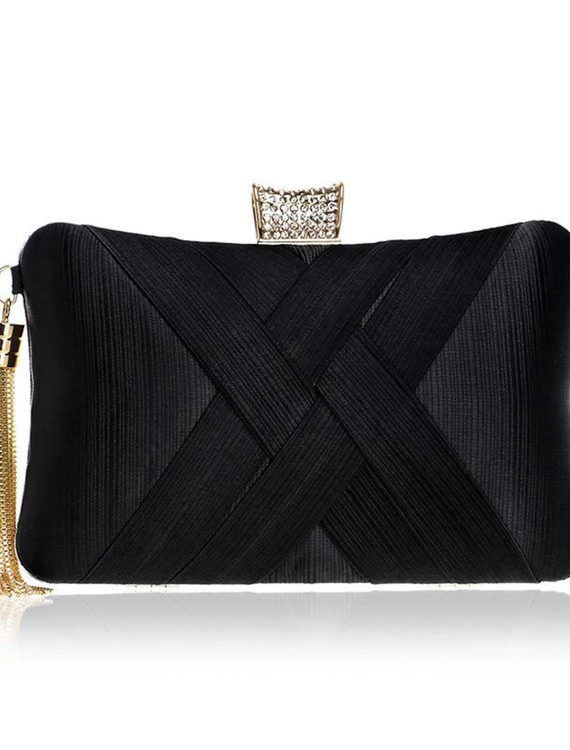 Spacious interior of a silk evening clutch bag.