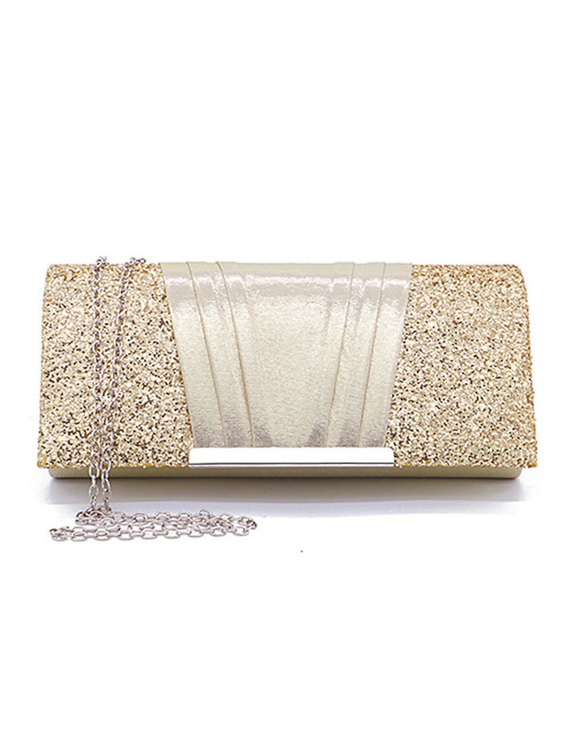 Solid color clutch bag with a detachable chain strap, perfect for evening events.