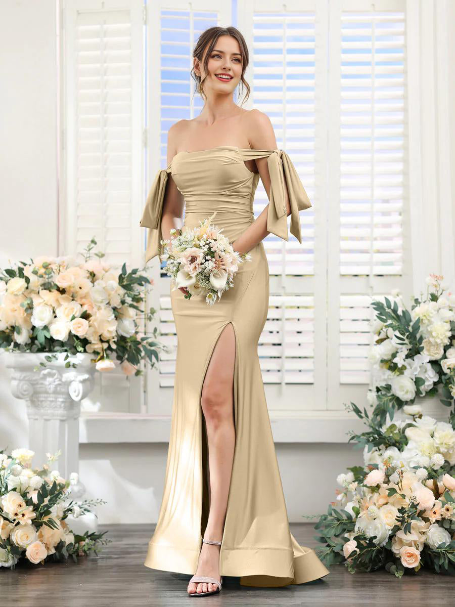 Champagne V-neck sleeveless formal dress with a split.