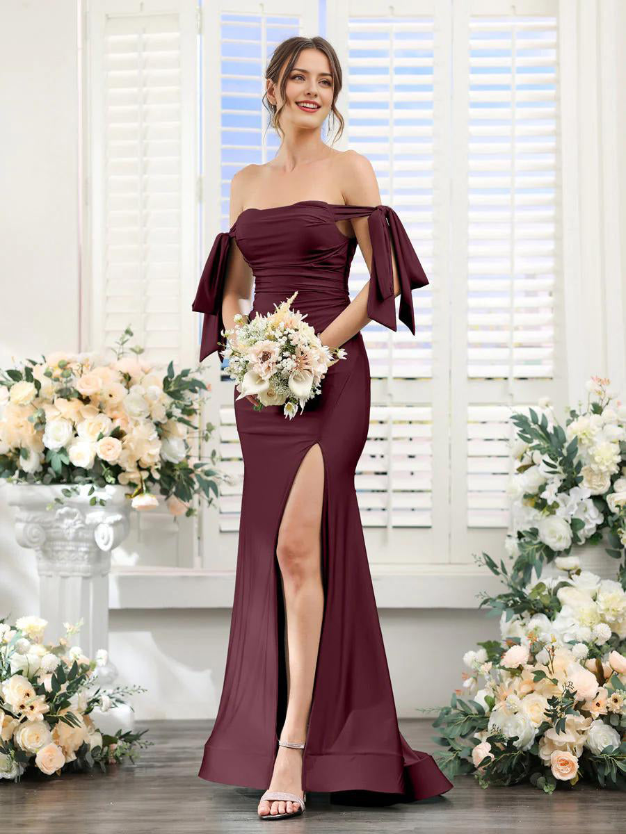 Burgundy V-neck sleeveless formal dress with a split.