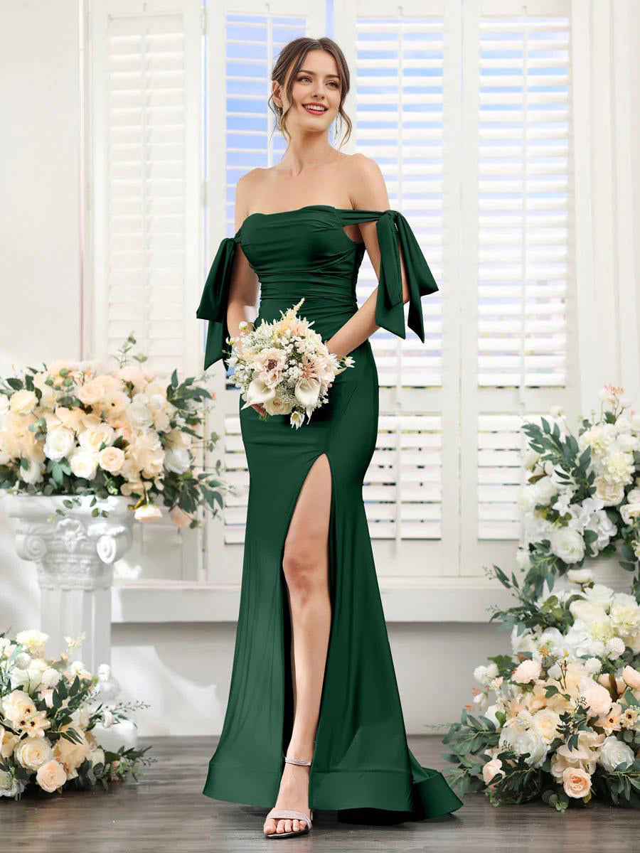 Dark Green V-neck sleeveless formal dress with a split.
