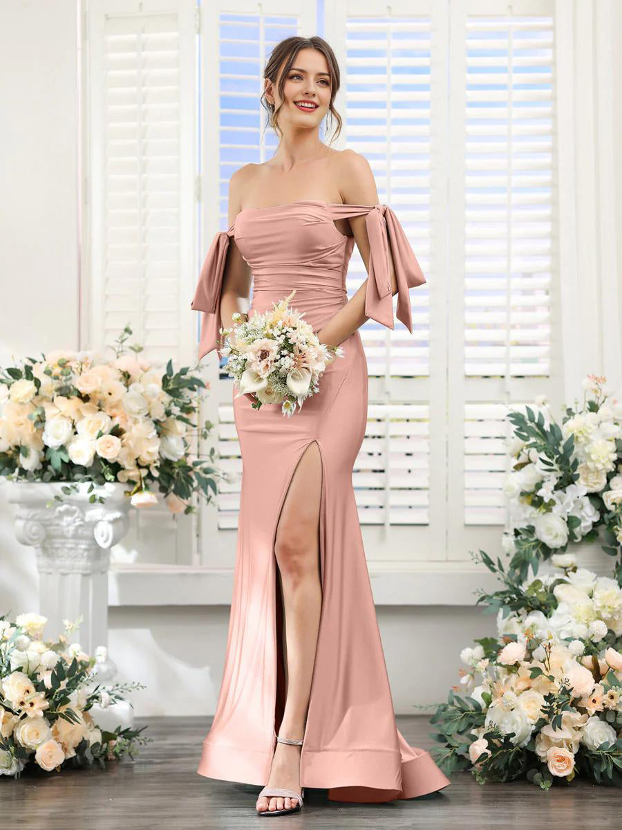 Dusty Rose V-neck sleeveless formal dress with a split.