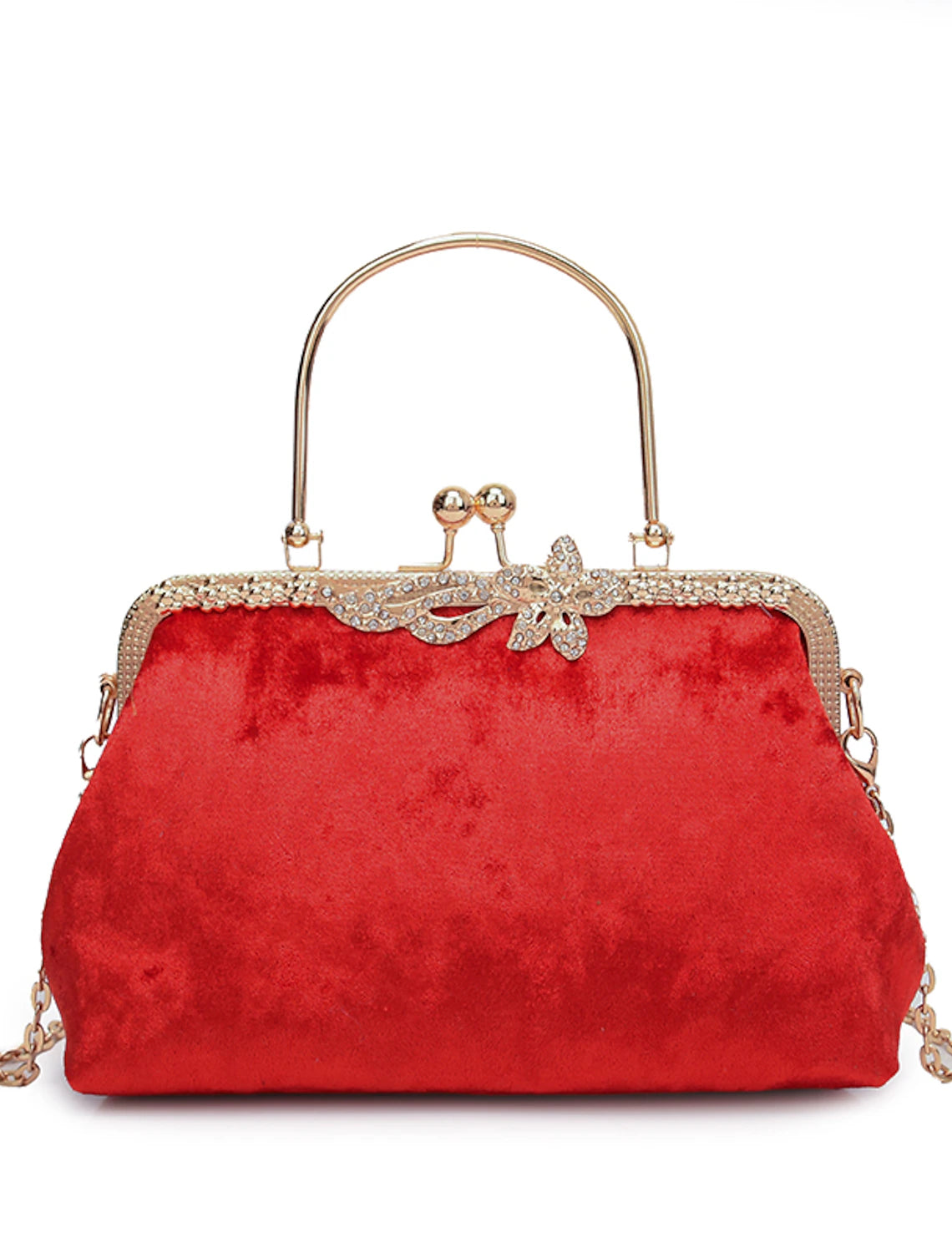 Side profile of the dark velvet evening bag.