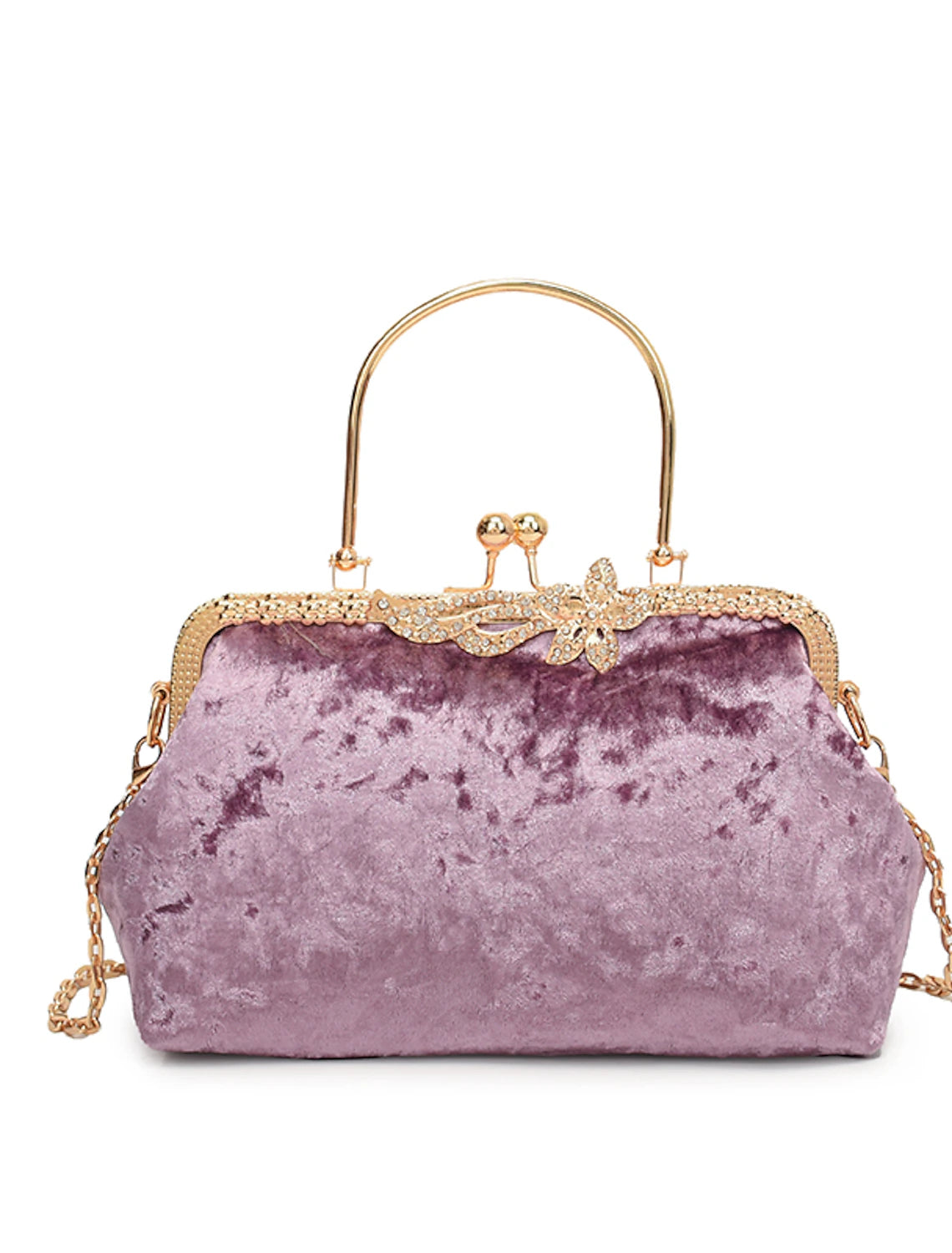 Interior of the dark velvet evening bag, showing capacity.