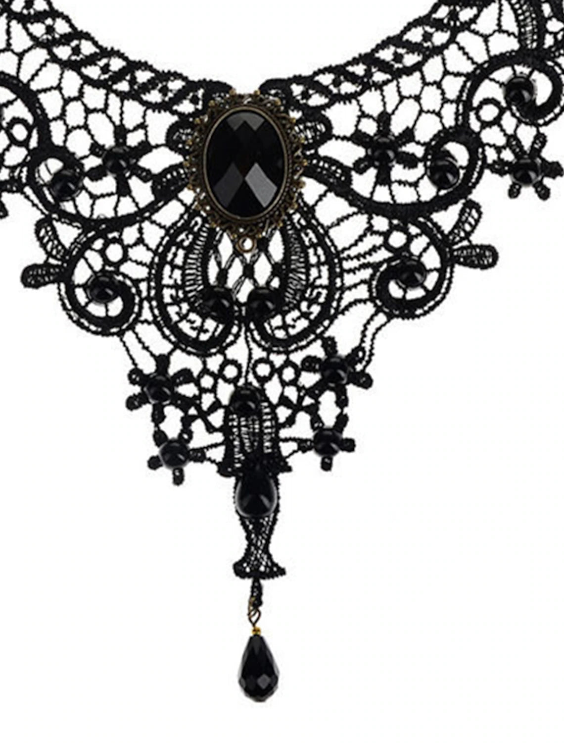Woman modeling a black lace festival necklace with intricate design.