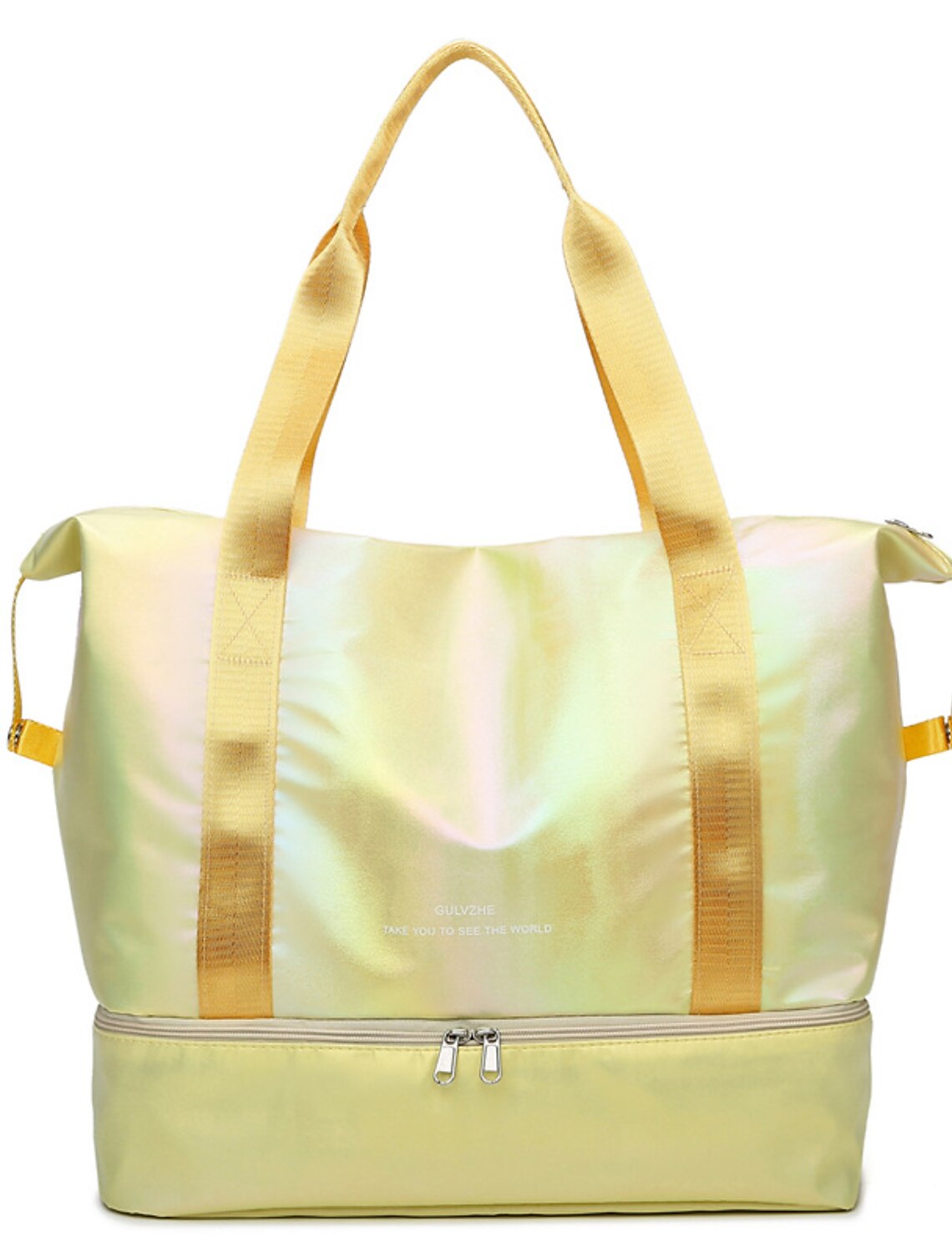 Women's waterproof duffle crossbody bag in pink, carried as a shoulder bag.