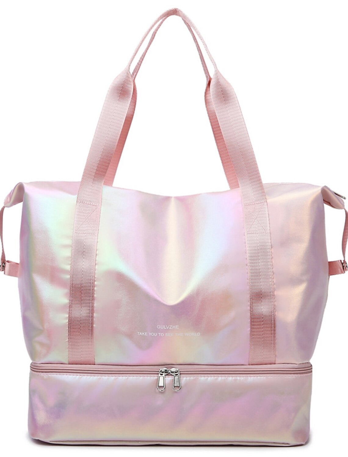 Women's waterproof duffle crossbody bag in white, carried as a shoulder bag.