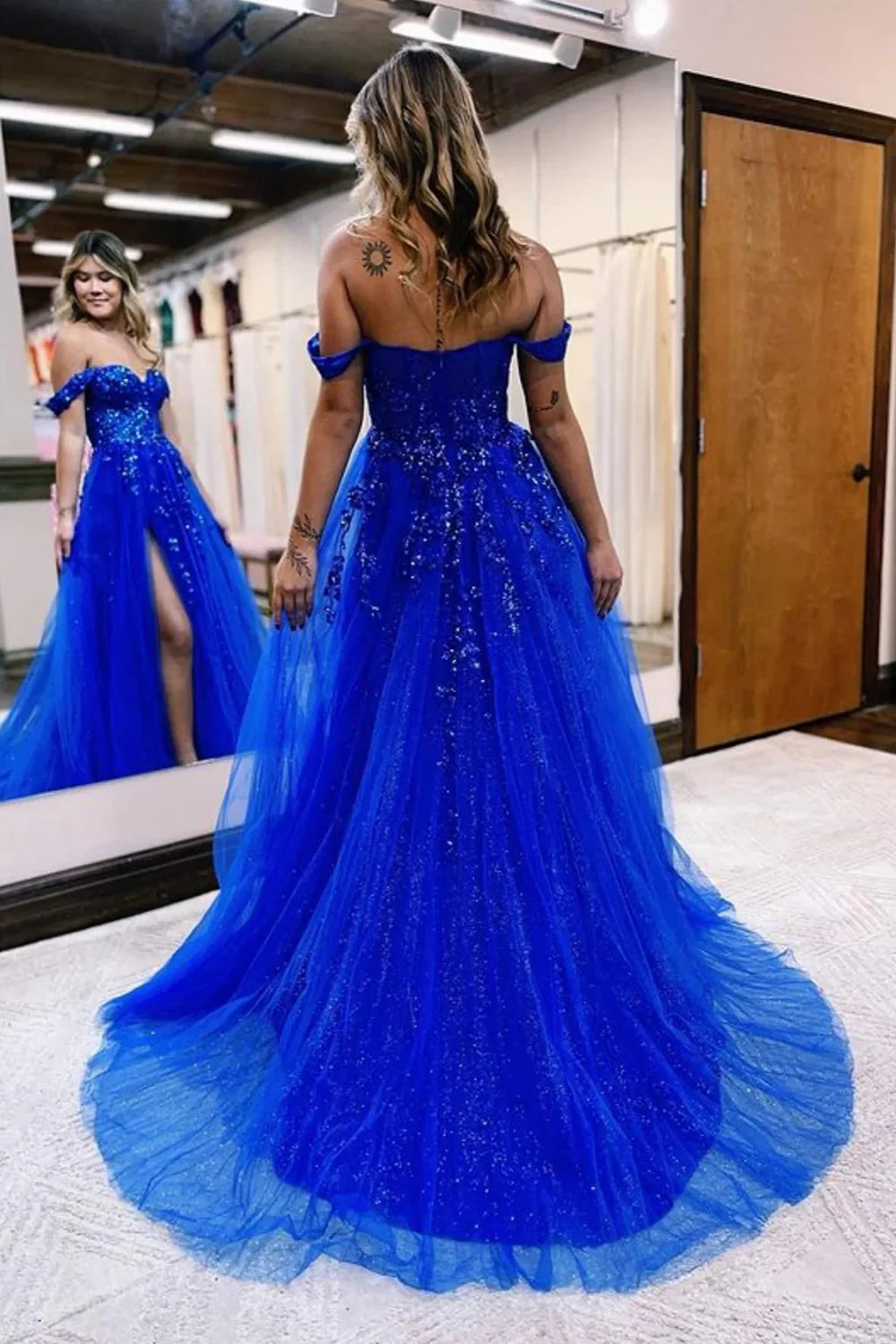 A-Line Sparkly Sequins Corset Long Prom Dress with Slit