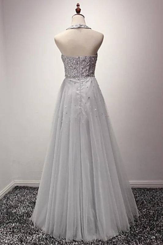 A Line Jewel Sleeveless Organza Sequins Crystals Prom Dress