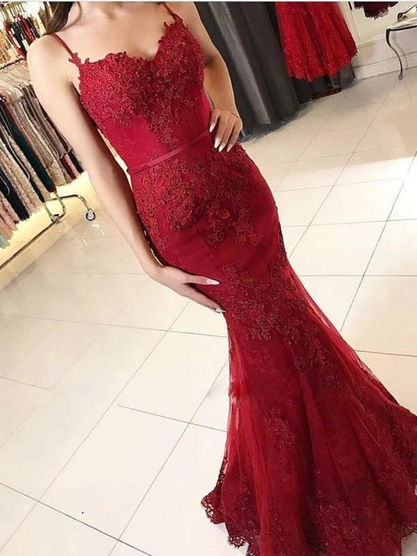 Mermaid Spaghetti Straps Backless Lace Prom Dresses