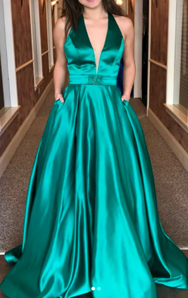 Deep V Neck Satin Long Prom Dress