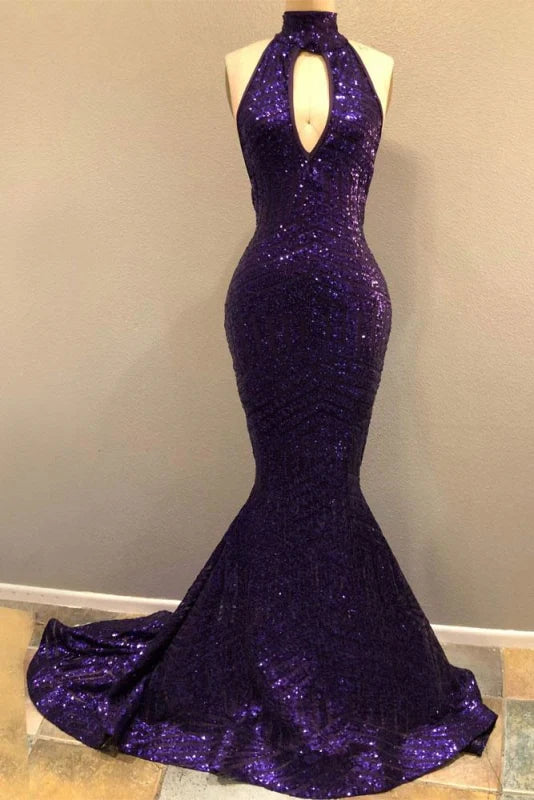 Mermaid Halter Front Slit Backless Sequin Prom Dress