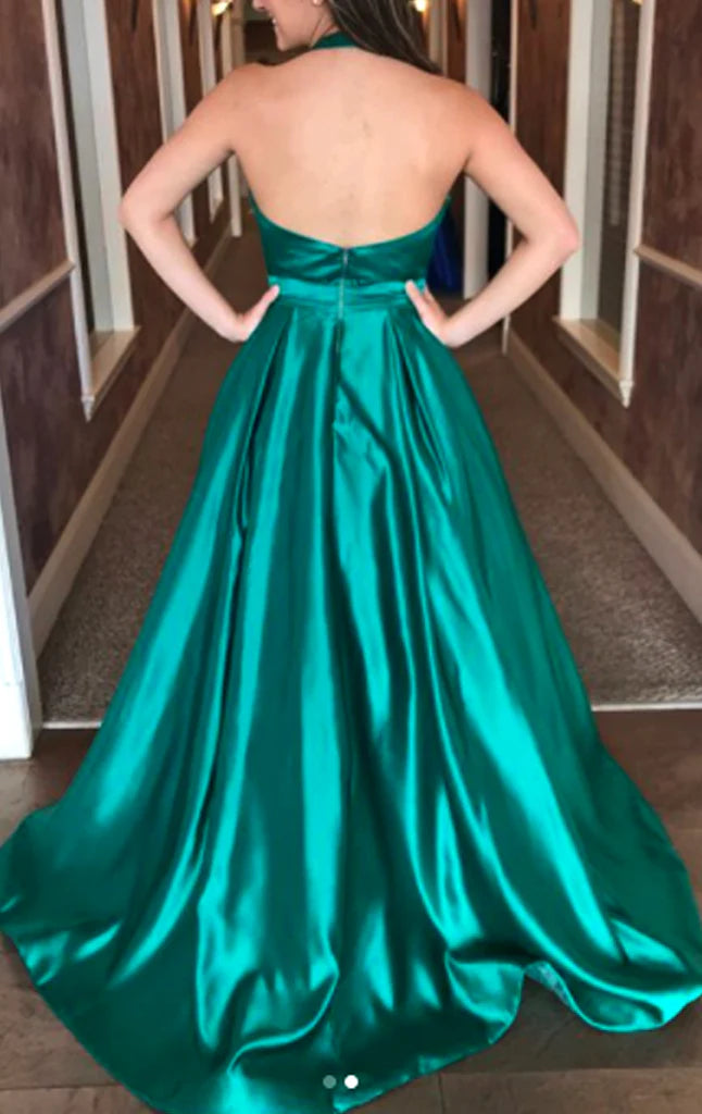 Deep V Neck Satin Long Prom Dress