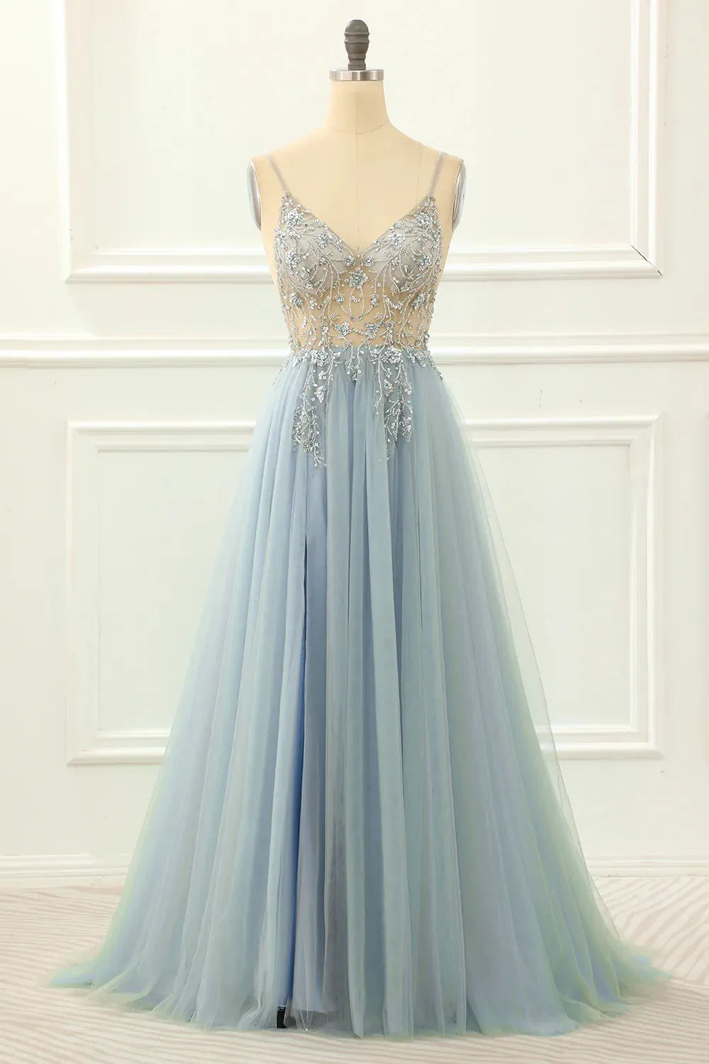 A-line Spaghetti Straps Long Prom Dress with Beading