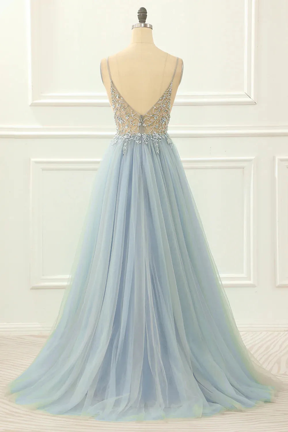 A-line Spaghetti Straps Long Prom Dress with Beading