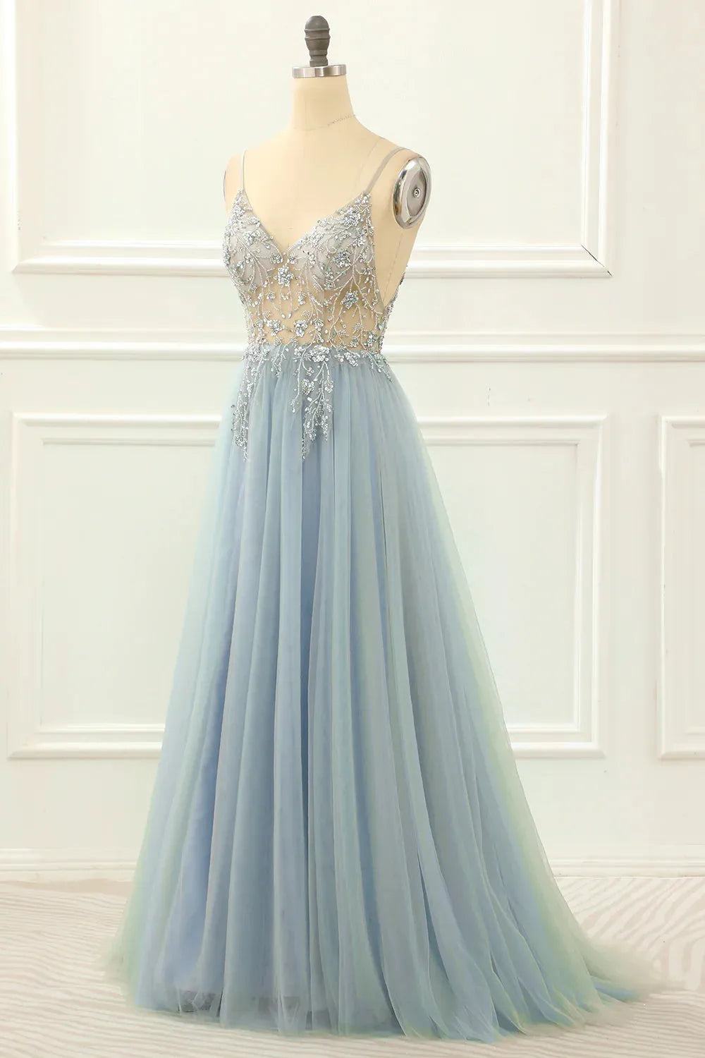 A-line Spaghetti Straps Long Prom Dress with Beading