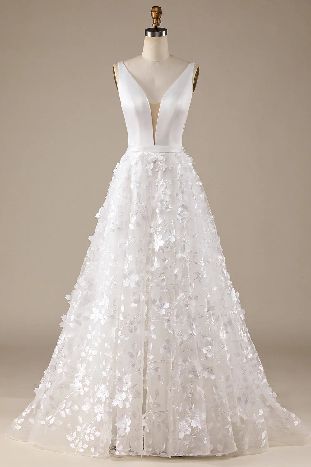 A-Line V-Neck Wedding Dress with 3D Flowers