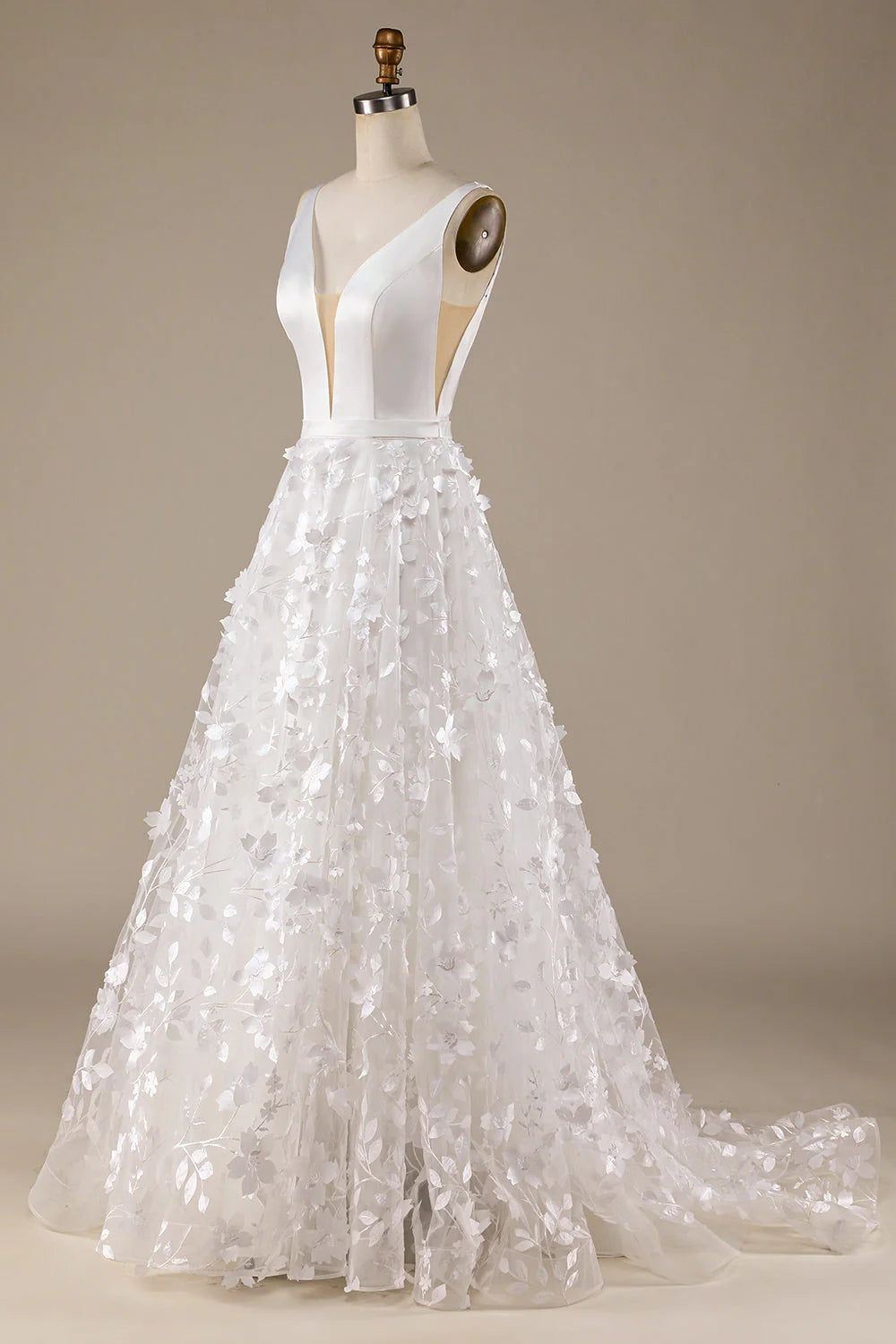 A-Line V-Neck Wedding Dress with 3D Flowers