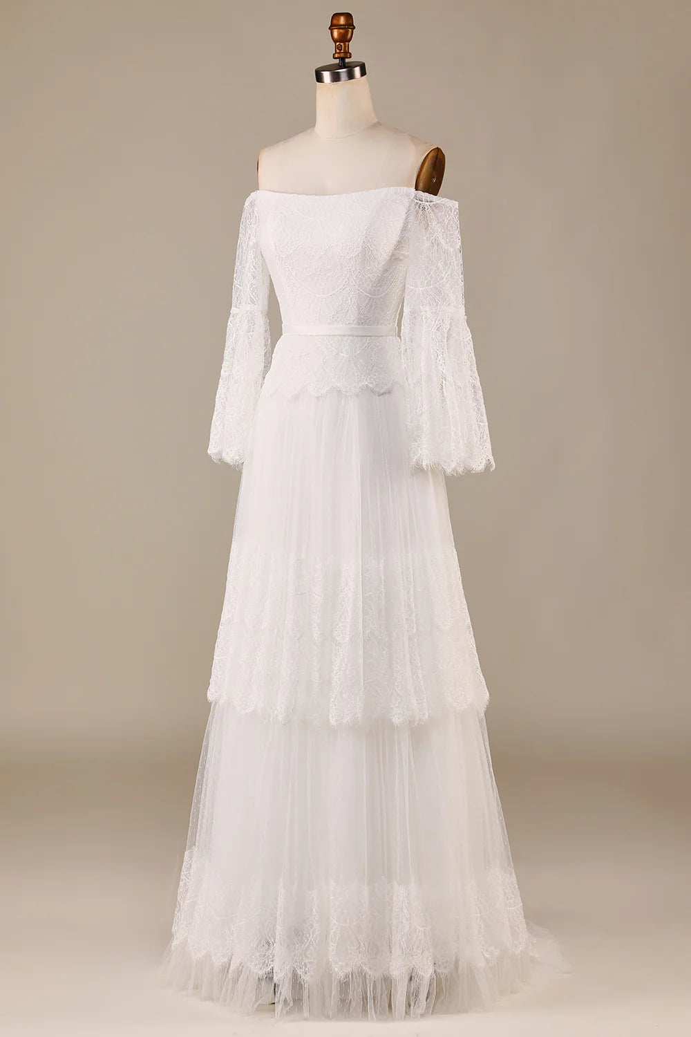 Tulle Tiered Off The Shoulder Wedding Dress with Lace