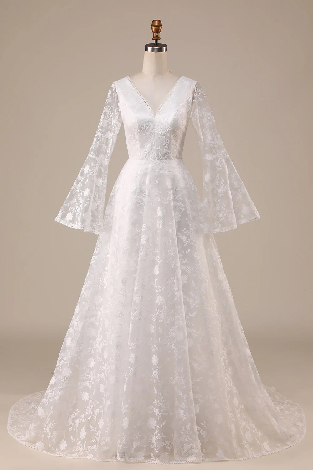 A-Line Wedding Dress Lace Flare Sleeves