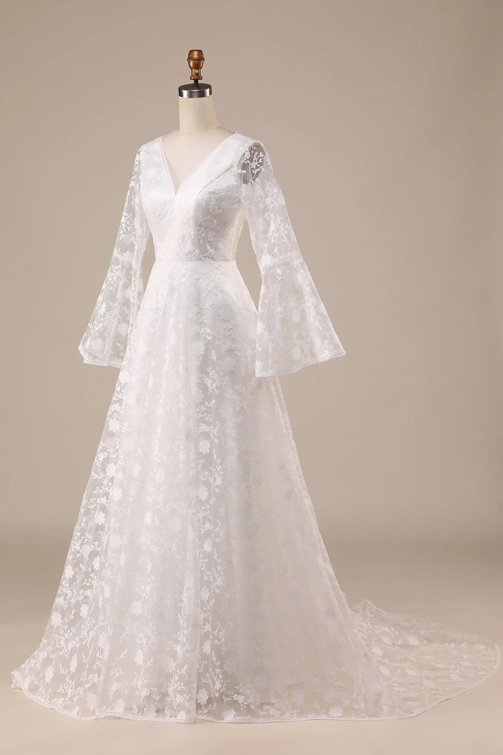 A-Line Wedding Dress Lace Flare Sleeves