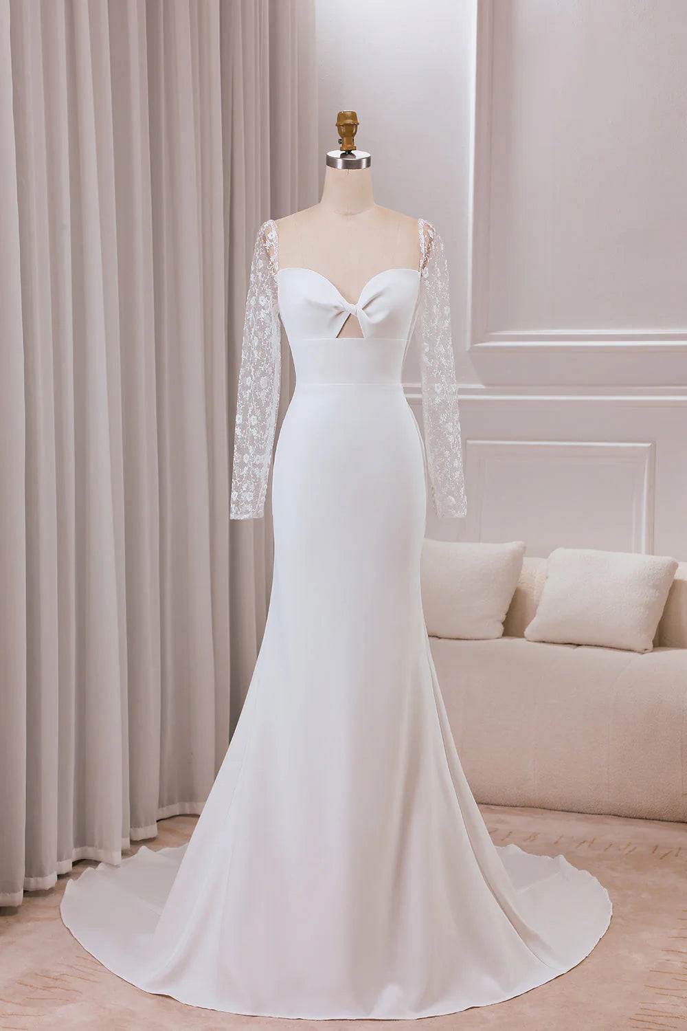 Neck Satin Trumpet Sweetheart Wedding Dress with Lace Long Sleeves