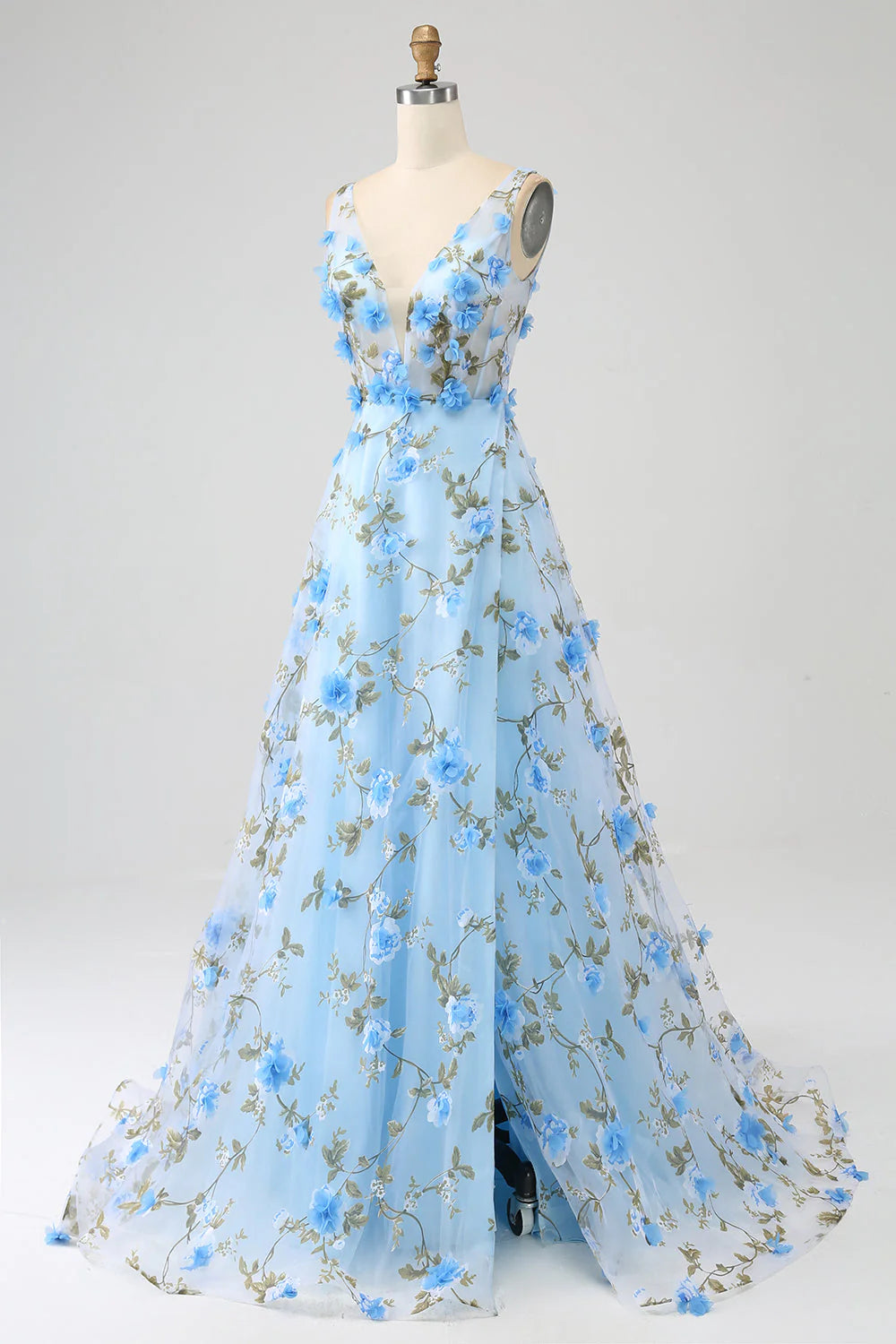 A-Line V-Neck Long Prom Dress with 3D Flowers