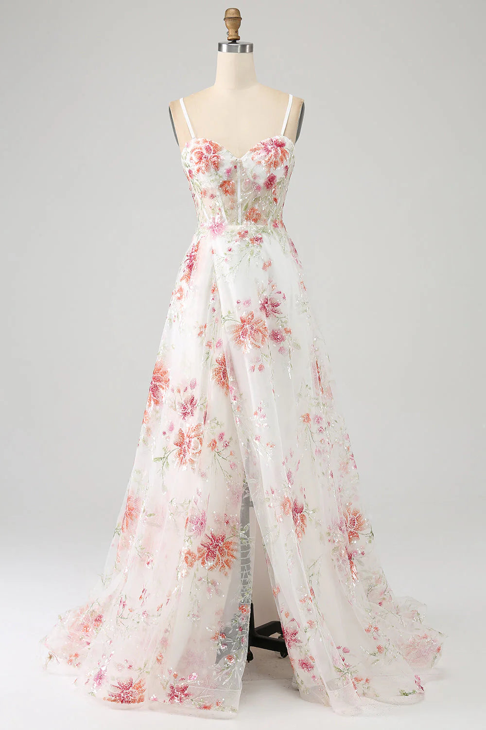 Long Corset Prom Dress with Slit Flower Embroidered
