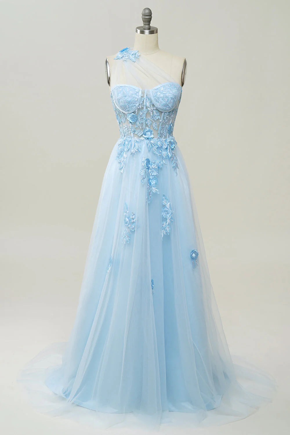 A Line One Shoulder Long Prom Dress with Appliques
