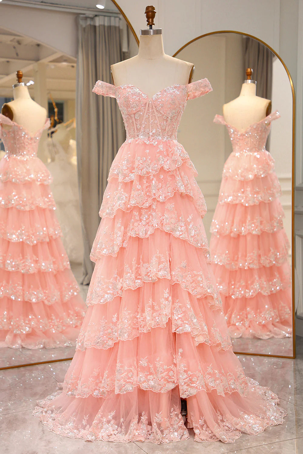 A-Line Long Prom Dress with Lace Glitter Tiered
