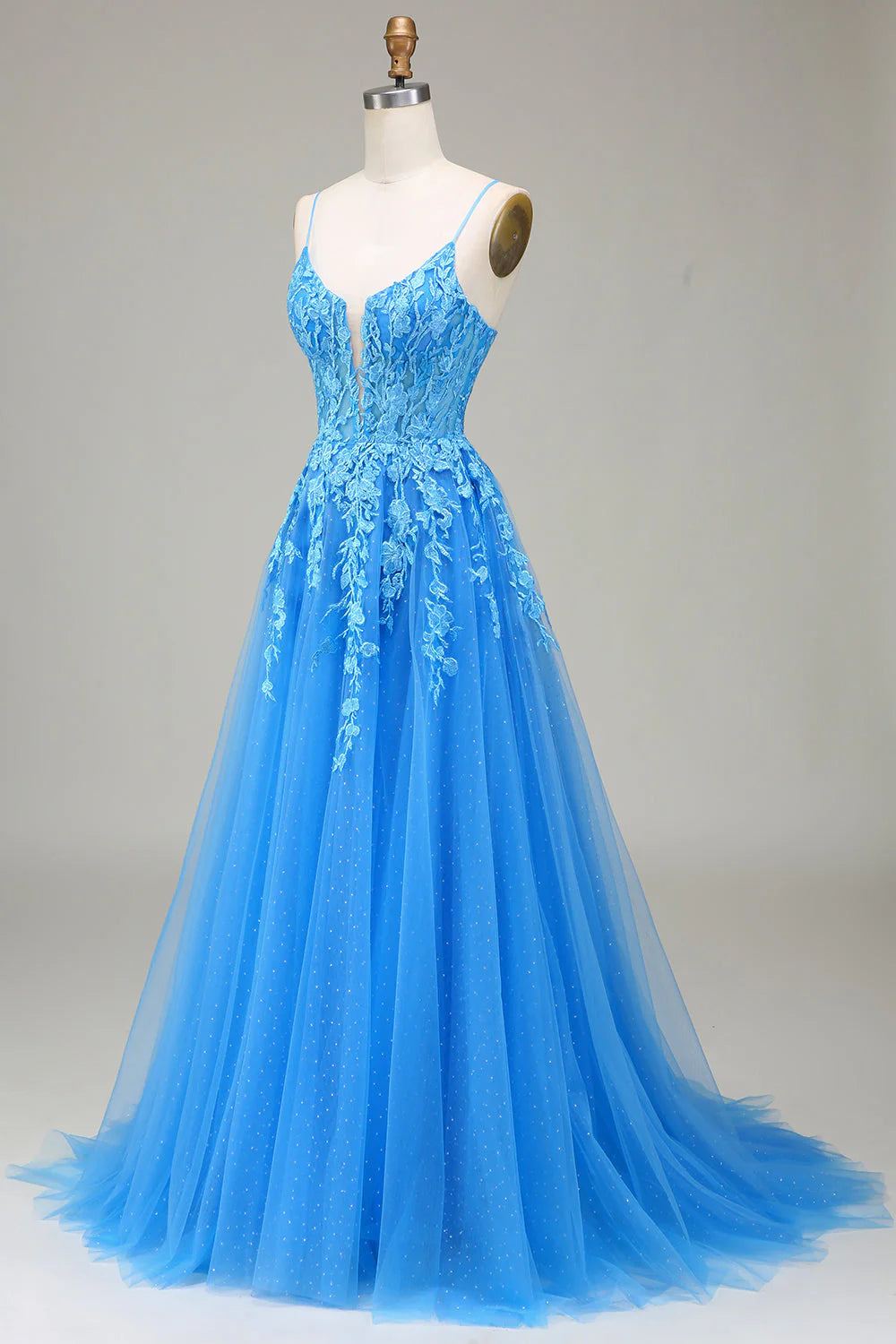 A-Line Spaghetti Straps Tulle Prom Dress With Appliques
