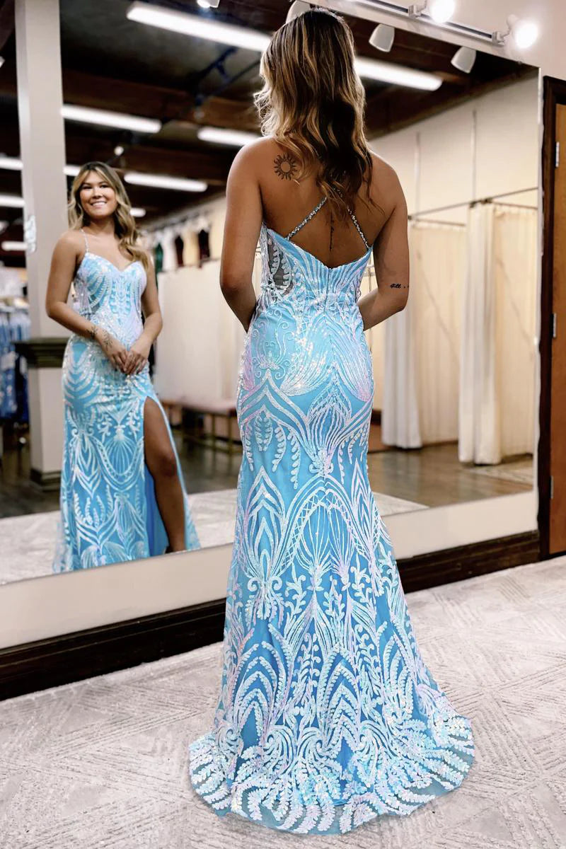 Mermaid V Neck Sequins Lace Long Prom Dresses with Slit