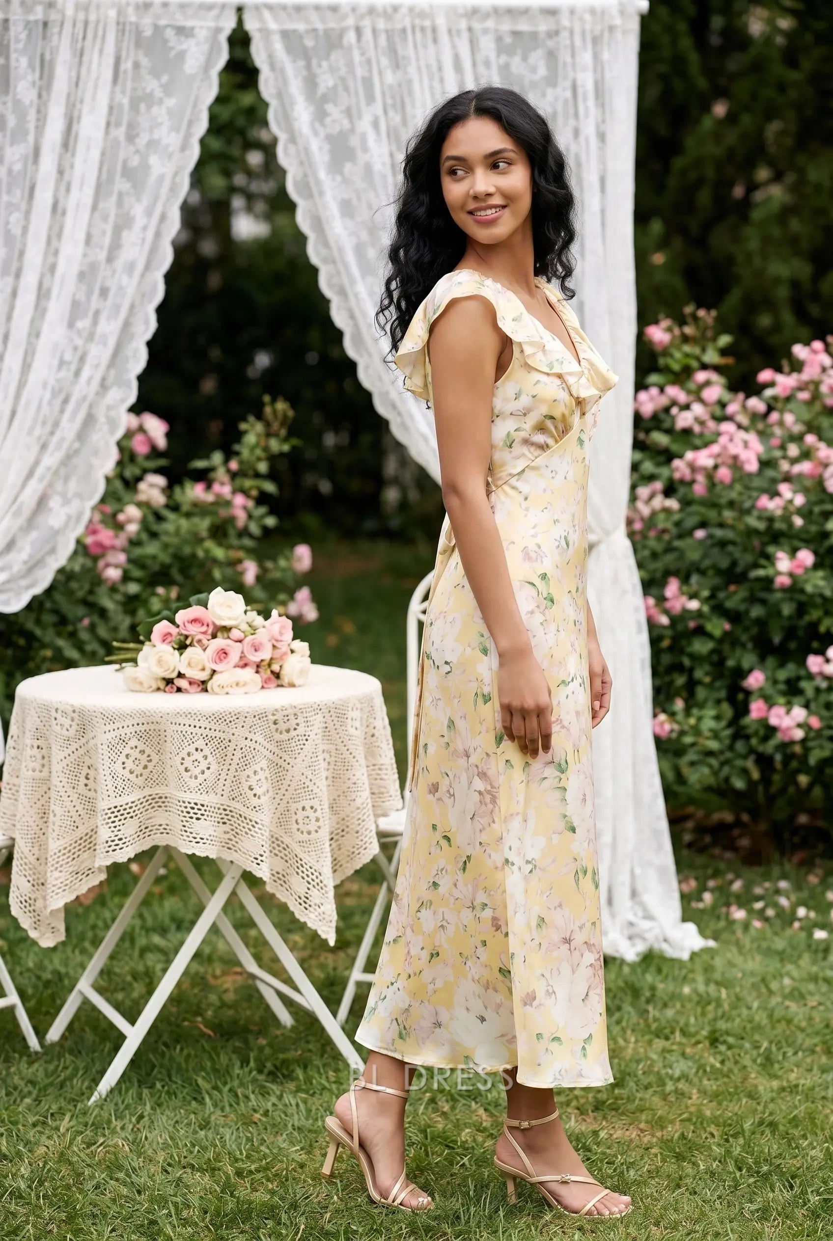 Yellow Floral Print V Neck Ruffled Cap Sleeve Sash Tie Back Midi Formal Evening Prom Dress