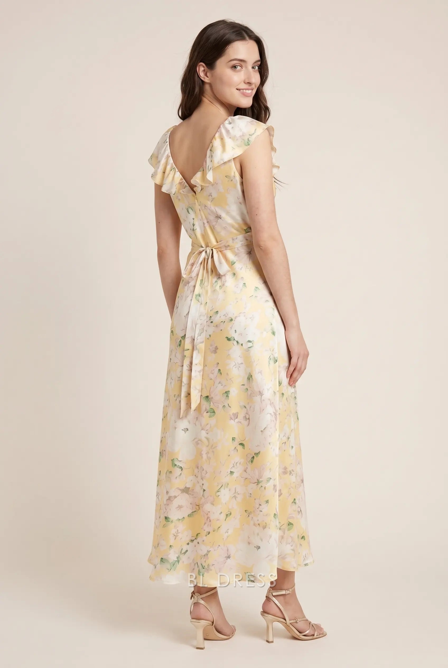 Yellow Floral Print V Neck Ruffled Cap Sleeve Sash Tie Back Midi Formal Evening Prom Dress