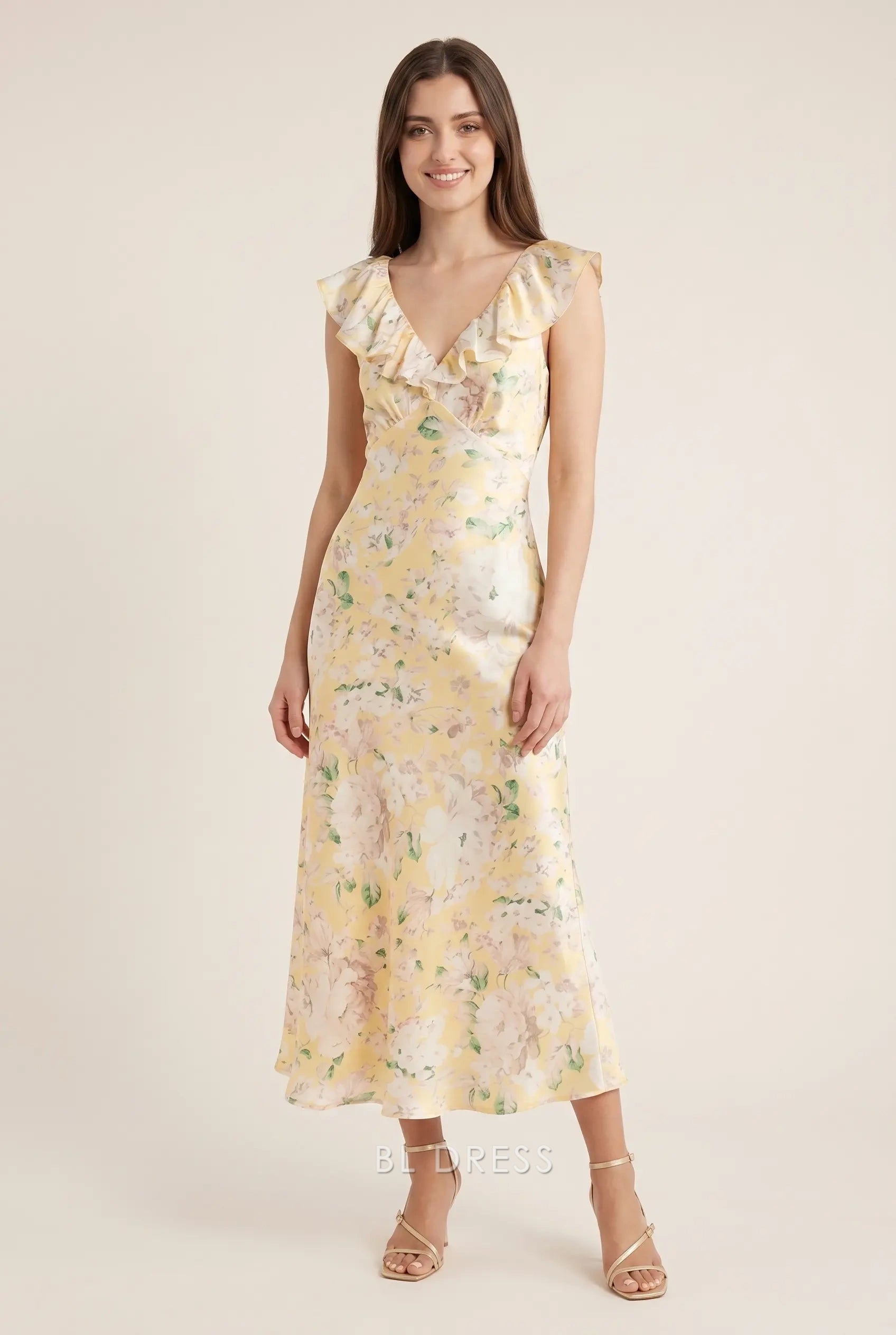 Yellow Floral Print V Neck Ruffled Cap Sleeve Sash Tie Back Midi Formal Evening Prom Dress
