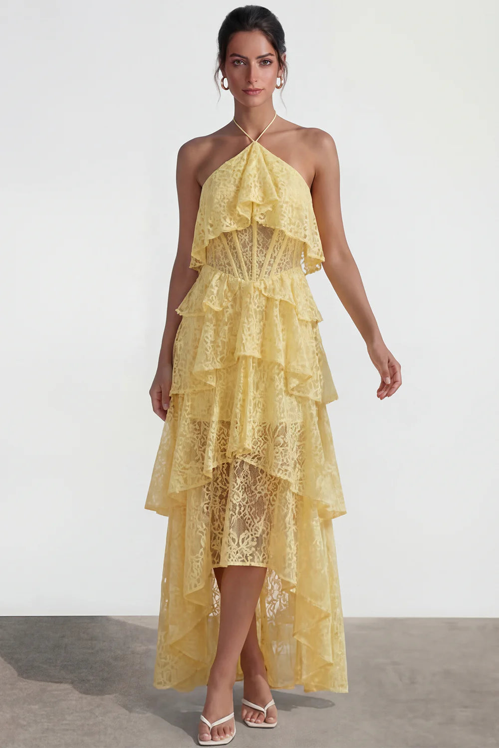 Yellow Halter Neck Prom Dress With Tiered Lace Skirt And Corset Waist Formal Prom Dress