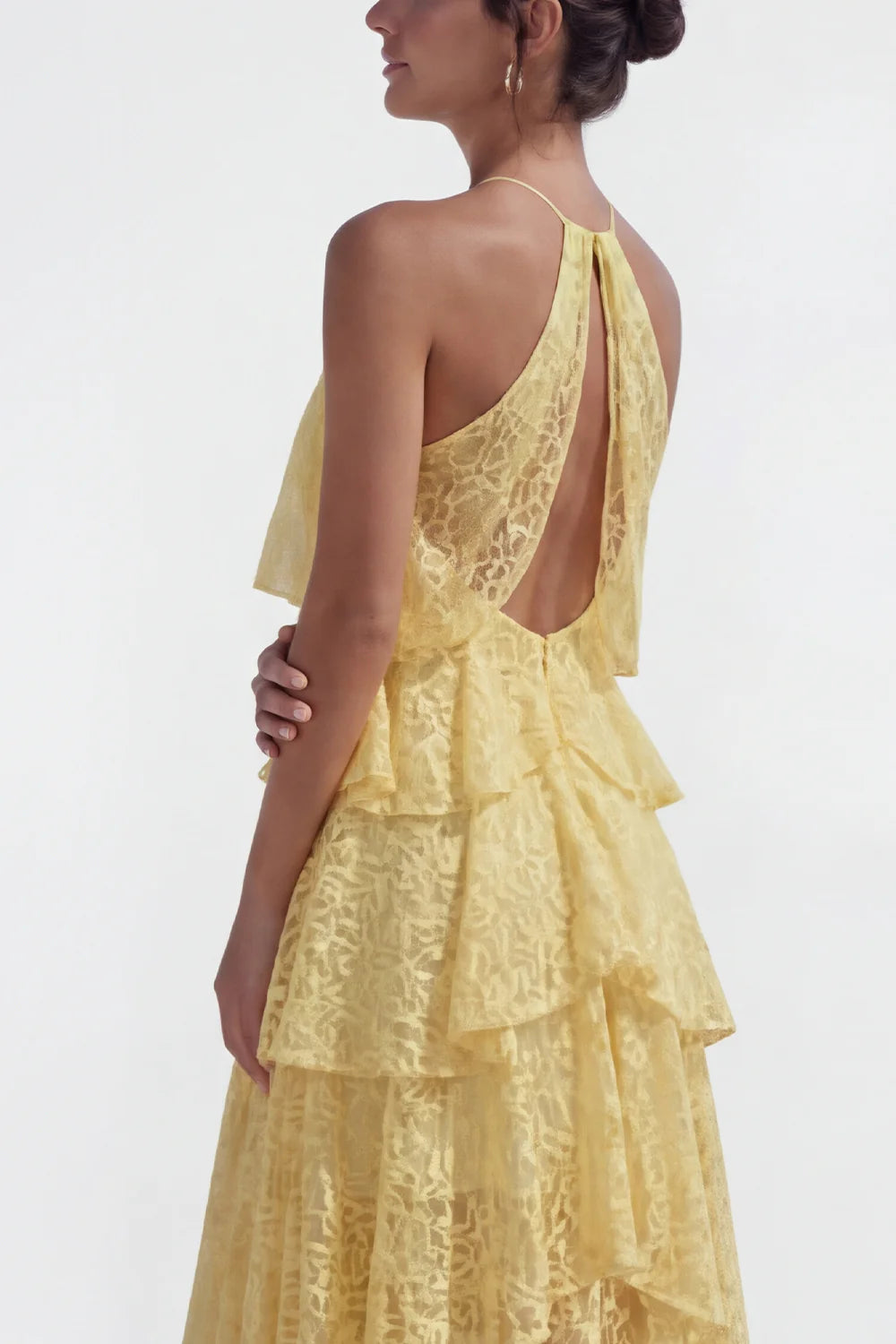 Yellow Halter Neck Prom Dress With Tiered Lace Skirt And Corset Waist Formal Prom Dress